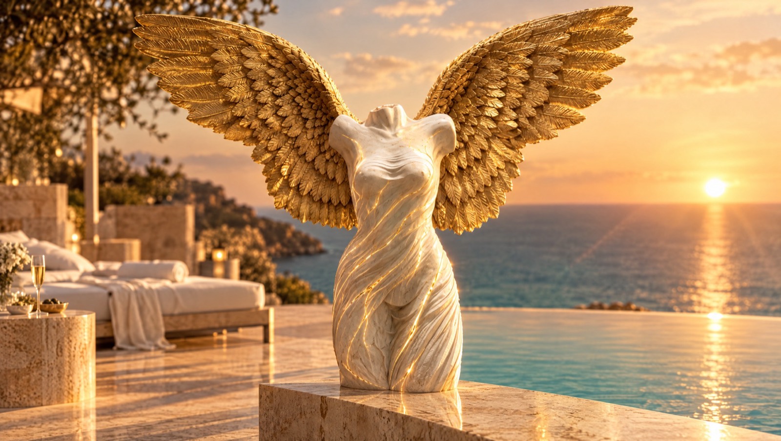Die DIVA-by-Kiara-Statue auf einer Terrasse am Meer, mit den Linien der Körperlesung